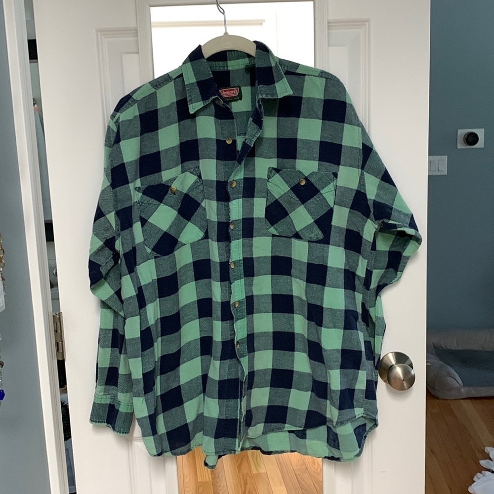 Coleman Outdoors Mens Large Green Navy Buffalo Check Plaid Cotton Flannel Shirt